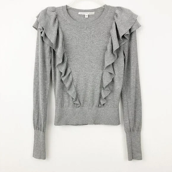 Veronica Beard Centre Ruffle Crewneck Metallic-knit Sweater Size S Gray Sparkle - Picture 3 of 10